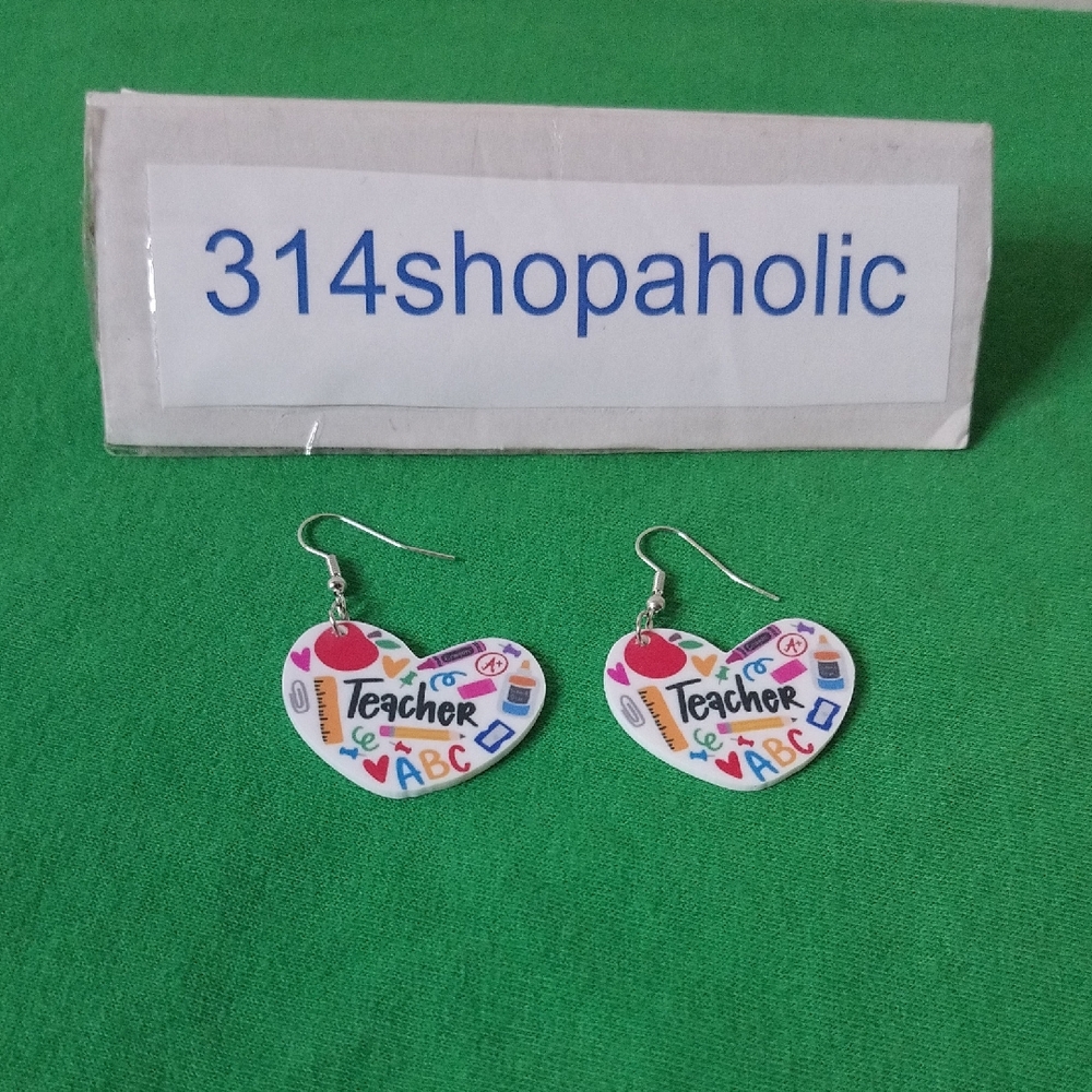 Multicolor Pierced Heart-Shaped "Teacher" Earrings